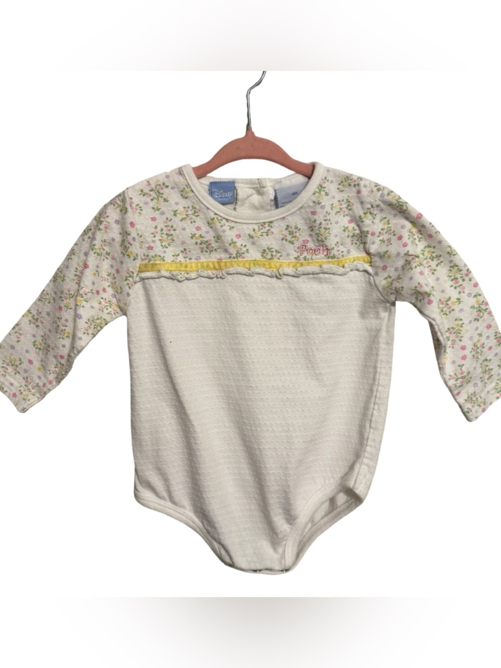 Vintage Disney Baby Winnie the Pooh Yellow Pink Floral Print One Piece Girls 18M